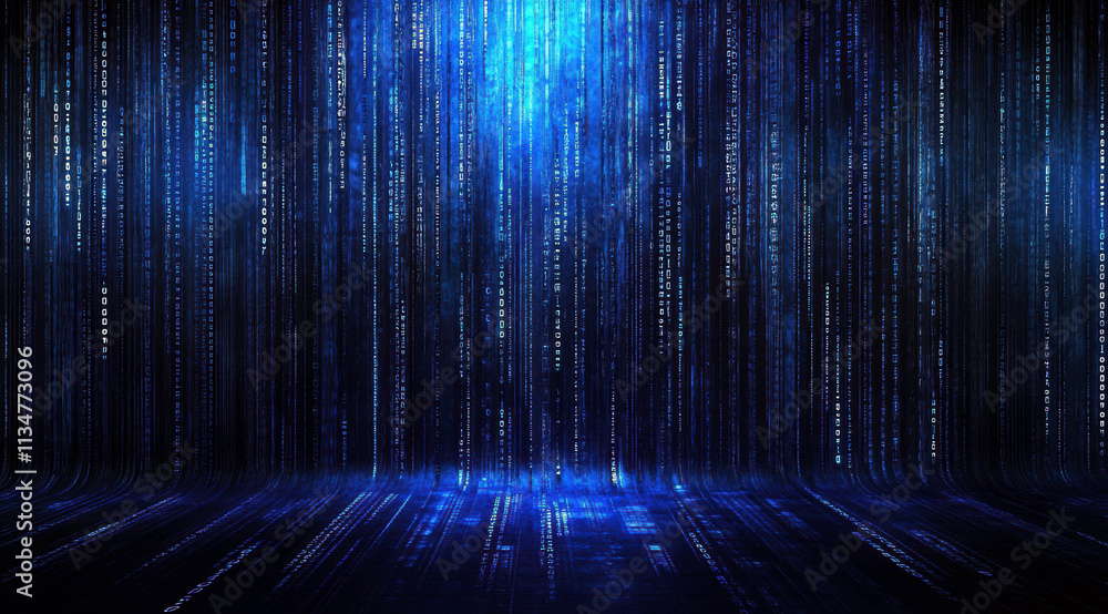 Poster this mesmerizing image captures a glowing blue digital landscape, resembling cascading binary code, 