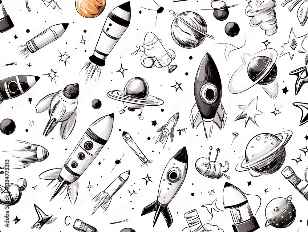 Poster seamless space rockets and planets pattern