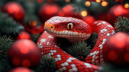 Fototapeta premium Colorful red snake curled among festive decorations and lights during the holiday season in a cozy indoor setting