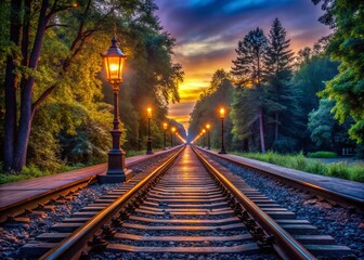 Fototapeta premium Captivating Low Light Photography of a Tranquil Railroad Scene at Dusk, Highlighting the Serenity of Steel Tracks and the Warm Glow of Lanterns Alongside the Pathway