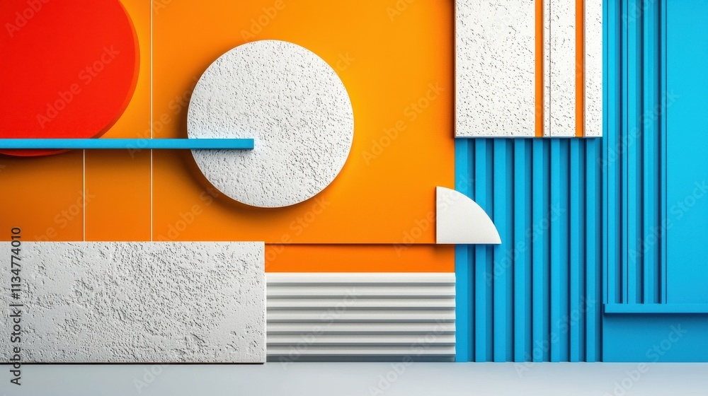 Poster striking geometric shapes and patterns in vibrant colors creating a minimalist architectural composi