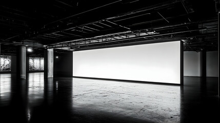 Large blank white wall in dark modern gallery space.