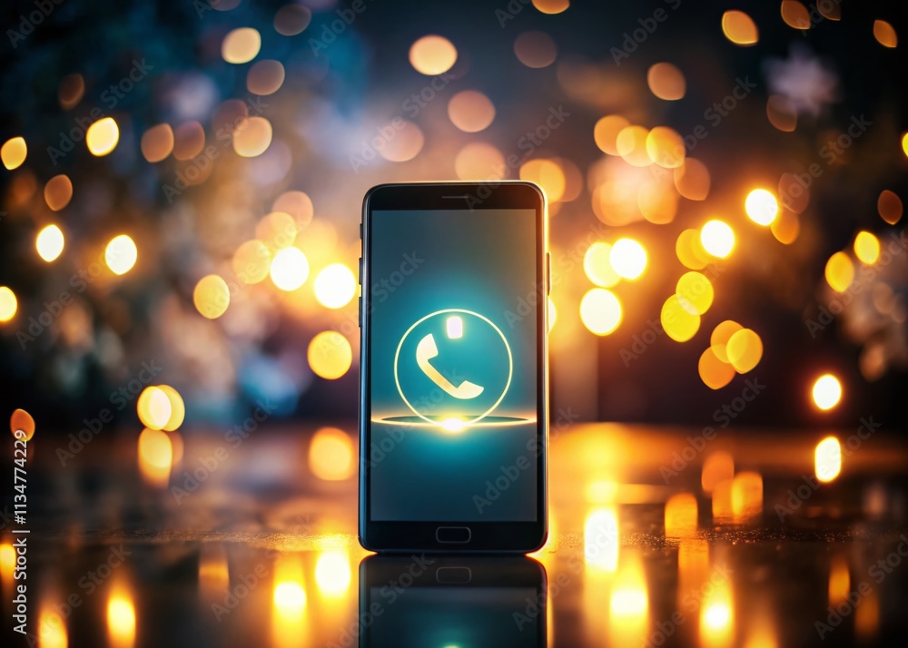 Poster captivating low light photography of cell phone incoming call symbol with glowing elements and dynam