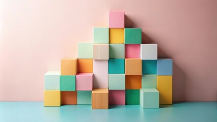 A playful arrangement of colorful blocks stacked against a pastel pink wall, creating a vibrant geometric pattern.