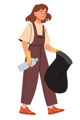 Girl volunteer collects trash. Woman volunteer collect trash outdoors care about environment protection and pollution.