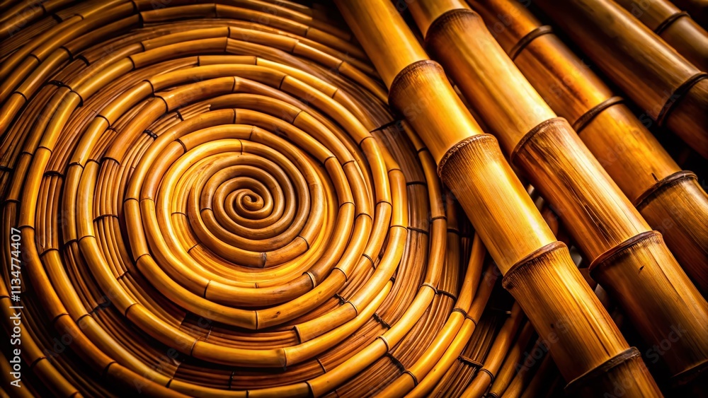 Poster captivating low light photography of circular bamboo texture with intricate patterns enhancing natur