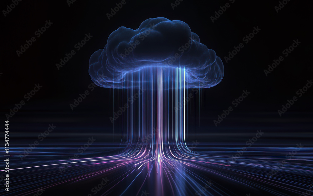 Poster a mesmerizing visual of a glowing cloud releasing vibrant, digital streams of light. this abstract r