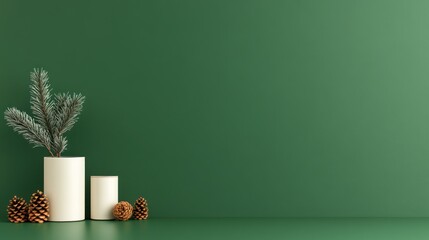 Minimalist Winter Tabletop Display with Pine Trees and Cones on Green Background