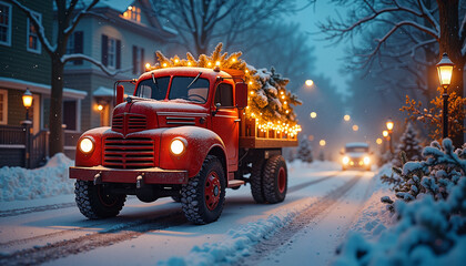 Red vintage truck delivering Christmas tree decorated with lights in snowy street