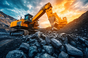 Large excavator mining coal at sunset.