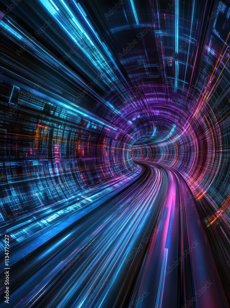 Poster experience a vibrant visual journey through a pulsating cyber tunnel, illuminated by dynamic neon co