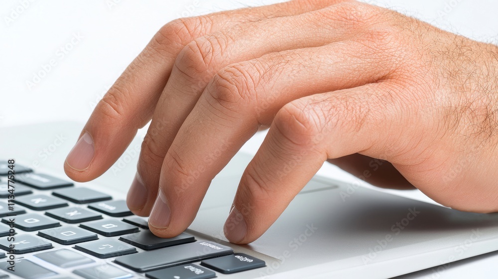 Poster closeup of hand typing on modern computer keyboard in office workspace