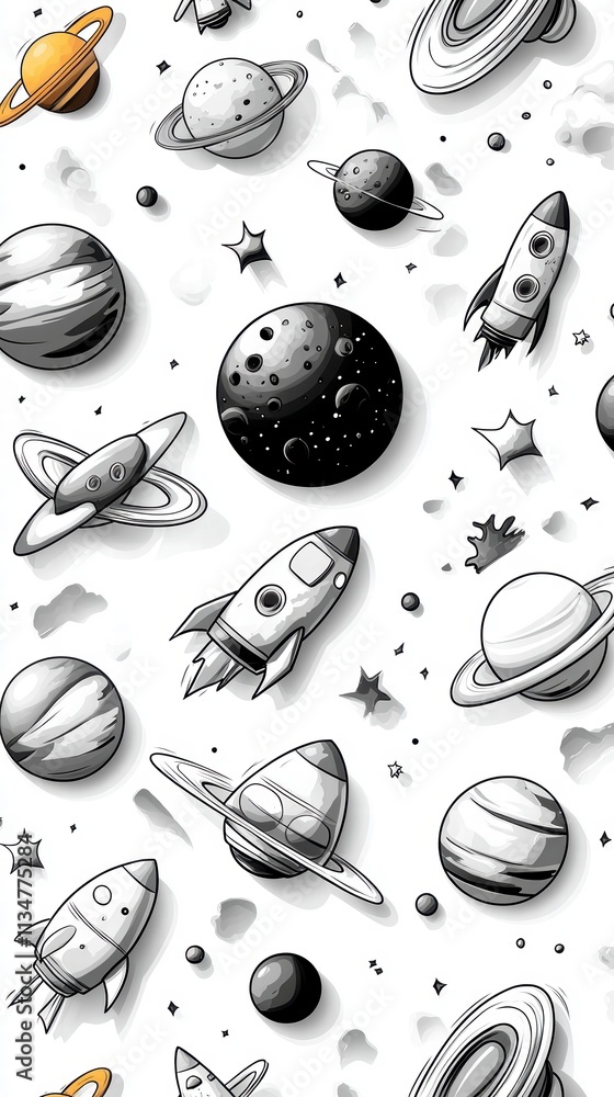 Poster seamless space pattern with planets and rockets