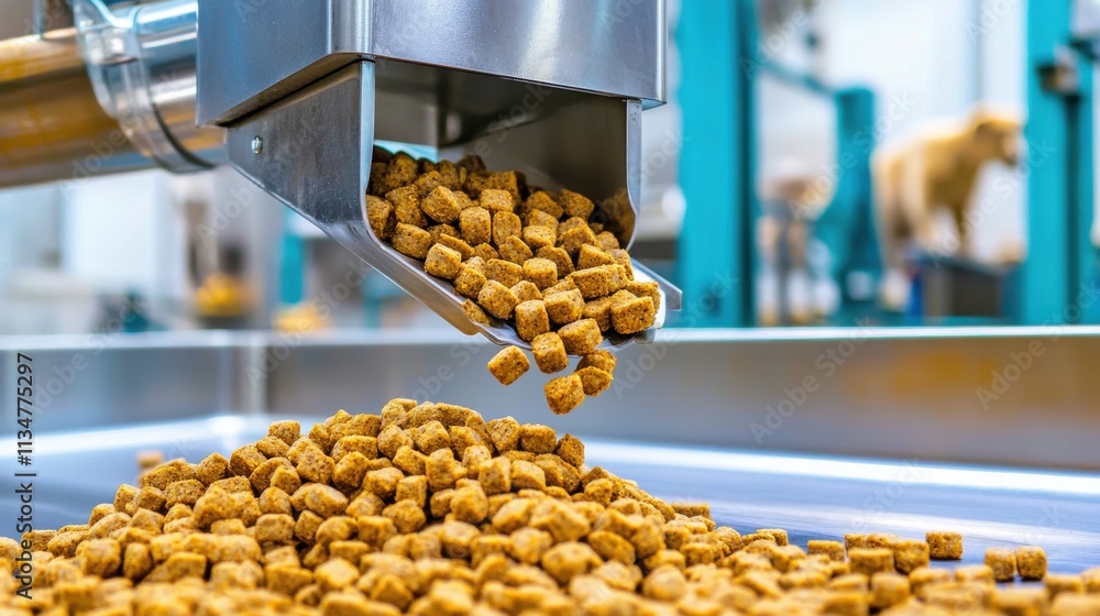 Poster automated factory machinery packaging and distributing processed corn kernels or cereal pellets on c