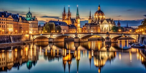 Obraz premium Captivating Low Light Photography of Iconic European City Landmarks at Night, Featuring Architectural Marvels and Stunning Illuminations in Stunning Detail and Vibrant Colors