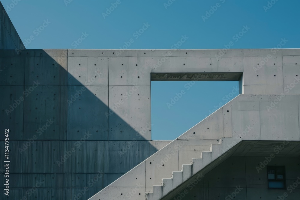 Poster the structure showcases an angular concrete design with a prominent staircase, creating striking sha