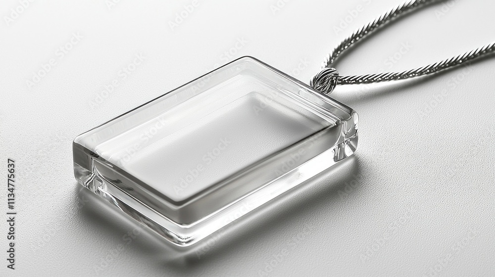 Poster sleek rectangular tag made of clear acrylic is suspended polished silver string. minimalist design f