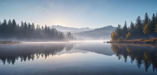 Fototapeta premium Foggy morning over a still lake with clear blue sky above, still, cloudy