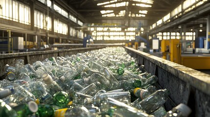 A large glass recycling bin is filled with clear glass bottles, with workers sorting the materials in a clean, efficient recycling facility.