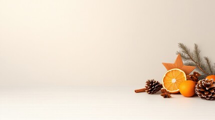 Festive Winter Decorations: Top View of Wicker Star, Pine Cones, Citrus Slices, Cinnamon Sticks, and Anise on White Desk