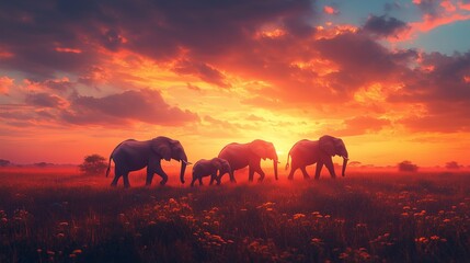 Fototapeta premium A family of elephants walking together across a savannah at sunset, with the sky in warm hues of orange