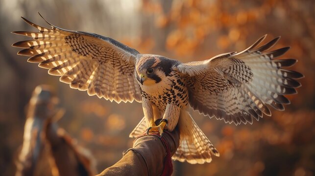 A falconer with a glove on, holding a falcon or hawk on open field
