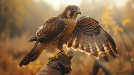A falconer with a glove on, holding a falcon or hawk on field