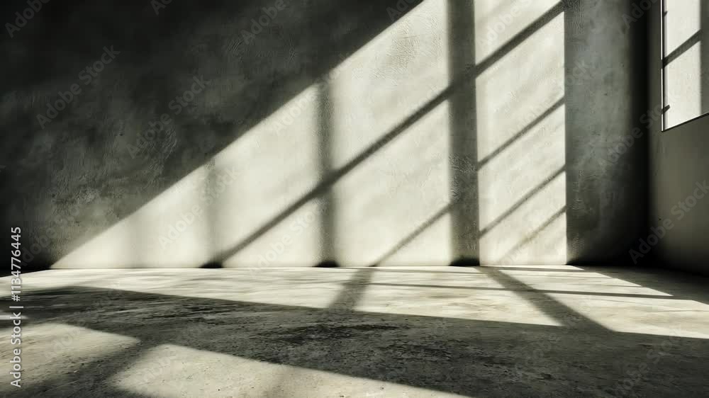 Poster light abstract streaming through a window, creating shadows in an empty industrial space with concre