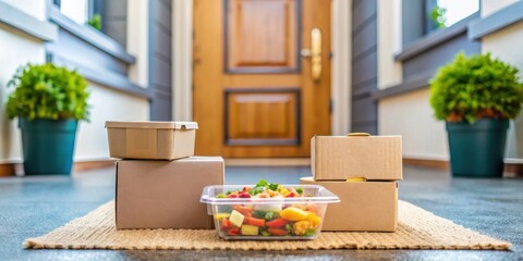 A freshly delivered meal and packages await on a welcome mat outside a wooden door.