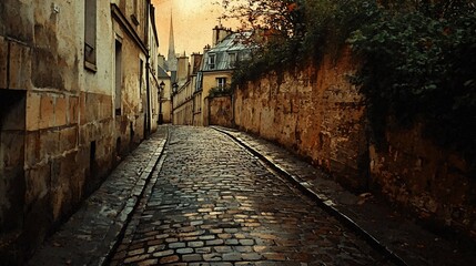 Cobblestone street in historic European city at sunset.