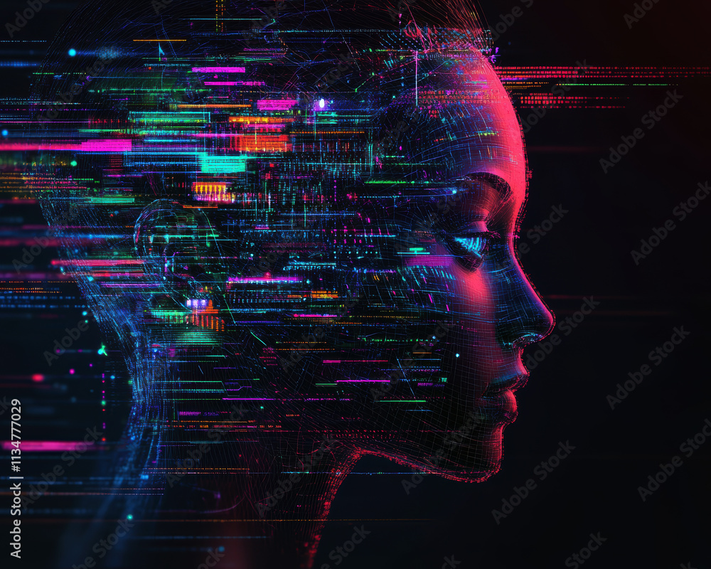 Poster this captivating image features a digitally rendered human profile entwined with vibrant neon data s