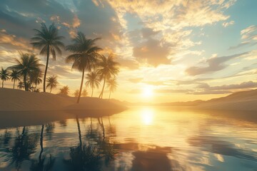 Serene tropical landscape at sunset with palm trees and reflective water.