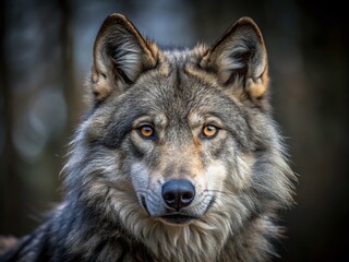 Fototapeta premium Captivating Low Light Portrait of a Gray Wolf in the Wilderness, Showcasing Its Majestic Features and Intense Gaze Amidst the Shadows of Nature