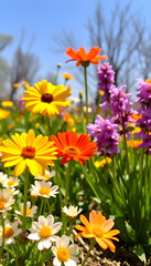Fototapeta premium Wildflower Meadow in Bloom: Vibrant wildflowers of various colors blooming in a sunny meadow, a cheerful spring scene