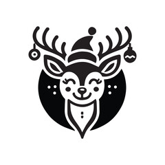Christmas deer flat icon. Black and white. Vector illustration. Flat logo design. A deer with antlers on it's head is shown, with a white background