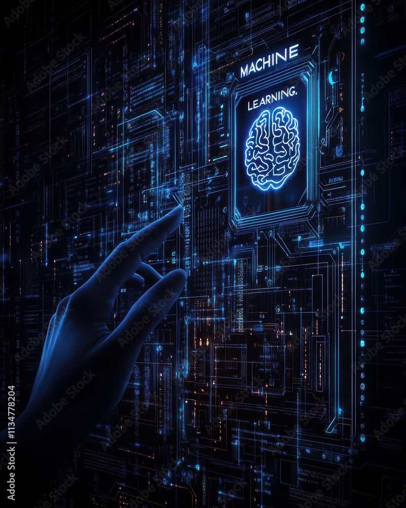 Poster a hand hovers over a digital interface showcasing machine learning. illuminated circuits and a brain