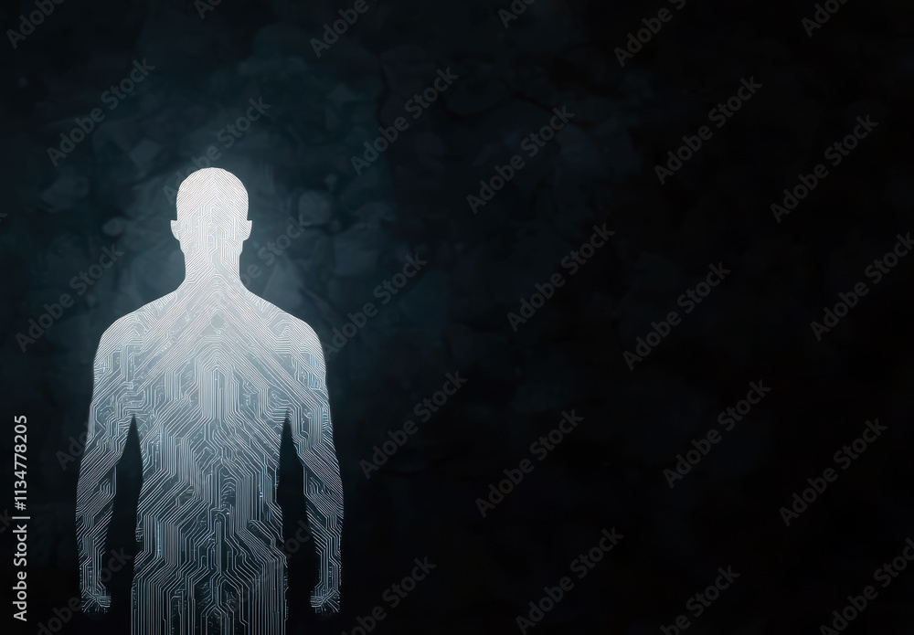 Poster this ethereal image illustrates the fusion of human identity and digital technology, representing an