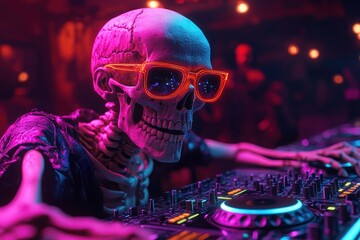 Halloween Rave DJ Skeleton with Colorful Sunglasses in Funky Costume Spinning Electronic Music at Night Club