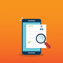 Online resume analysis, use magnifying glass to view recruitment resume, concept of recruitment and human resources