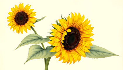 Fototapeta premium Two Majestic Sunflowers: Realistic painting of two sunflowers with detailed petals and leaves, showcasing their vibrant beauty