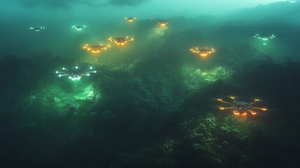 Fototapeta premium Underwater drone swarm exploring bioluminescent coral reef at night.