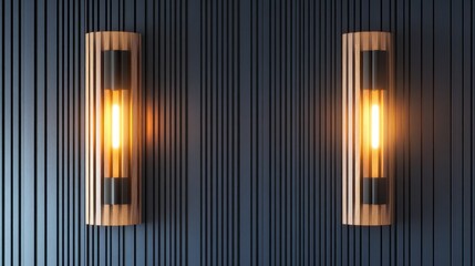 Two modern wooden wall lamps illuminate a dark blue grooved wall.