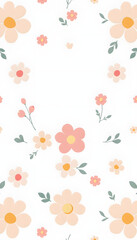 Fototapeta premium Delicate Pastel Floral Pattern: Seamless pattern of cute, hand-drawn flowers and leaves on a white background, perfect for feminine designs