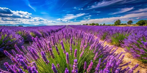 Naklejka premium Captivating Macro Photography of Lavender Fields in Provence, Showcasing the Vibrant Colors and Intricate Details of Blossoming Flowers Under a Clear Blue Sky