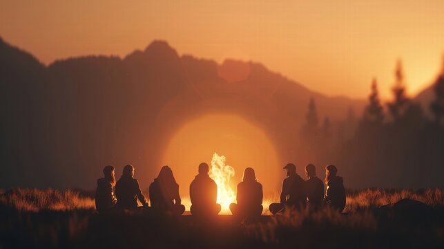 Group around a campfire at sunset in nature.