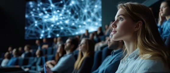 A captivated audience listens intently as vibrant neural networks illuminate a conference hall, embodying the fusion of science and curiosity.
