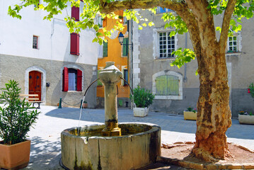 A  medieval town square  in Entrevaux, Alpes-de-Haute-Provence, Provence-Alpes-Cote d'Azur, Southern France, France,