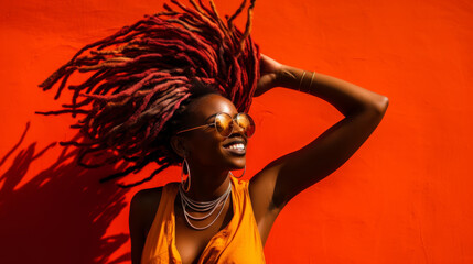 Cheerful woman with dreadlocks laughing over isolated red or orange color background