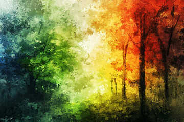Autumn Forest Digital Painting: Green, Yellow, Orange, Red Trees