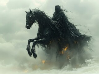 Obraz premium A horse-like creature made from shadow and smoke, ridden by dark lords and assassins